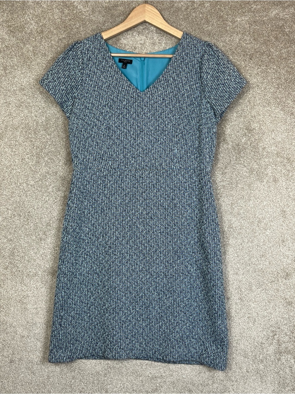 Talbots Dress Womens 8 Petite Blue Tweed Short Sleeve Lined Back Zip- 5179
